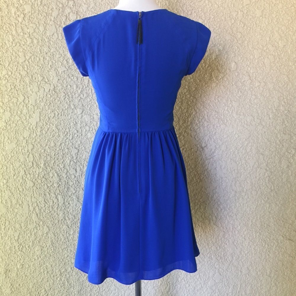 Rebecca Taylor Mini Dress Size 0 Royal Blue Fit & Flare Short Sleeve Zip Back - Picture 7 of 10